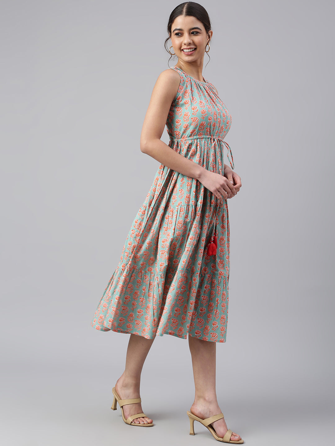 Janasya Women's Mint Green Cotton Floral Printed Tiered Western Dress - Distacart