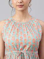 Thumbnail for Janasya Women's Mint Green Cotton Floral Printed Tiered Western Dress - Distacart