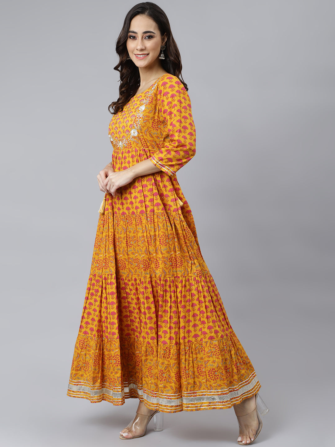 Janasya Women's Mustard Cotton Floral Print Flared Kurta - Distacart