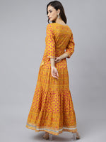 Thumbnail for Janasya Women's Mustard Cotton Floral Print Flared Kurta - Distacart