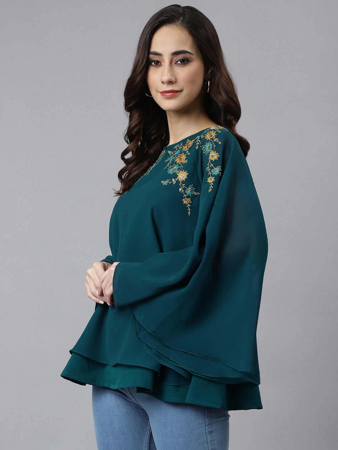 Janasya Women's Teal Blue Georgette Embellished Casual A-Line Top - Distacart