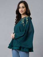 Thumbnail for Janasya Women's Teal Blue Georgette Embellished Casual A-Line Top - Distacart