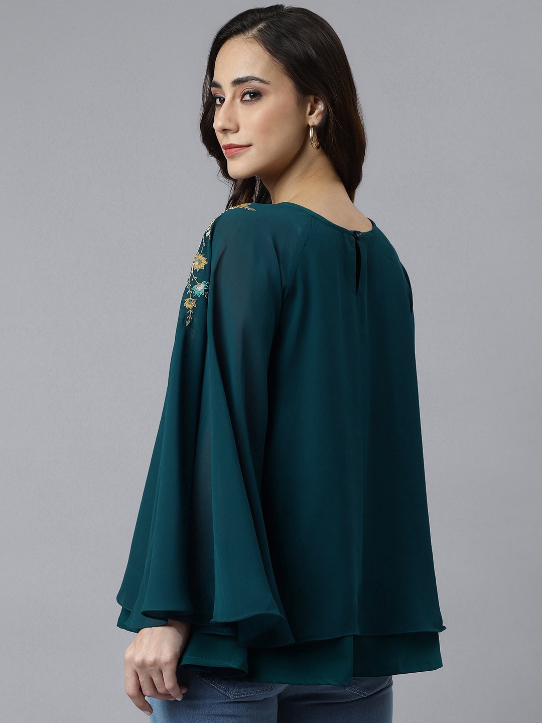 Janasya Women's Teal Blue Georgette Embellished Casual A-Line Top - Distacart