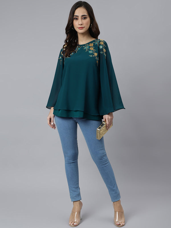 Janasya Women's Teal Blue Georgette Embellished Casual A-Line Top - Distacart