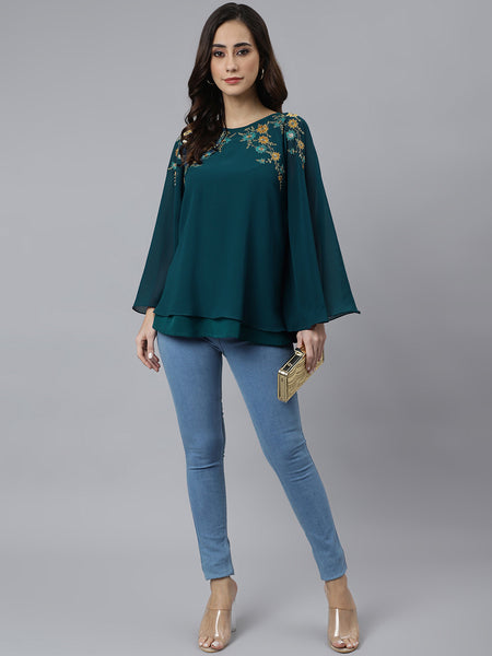 Janasya Women's Teal Blue Georgette Embellished Casual A-Line Top - Distacart