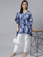 Thumbnail for Janasya Women's Navy Blue Cotton Tie dye Kaftan Kaftan Tunic - Distacart