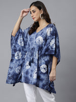 Thumbnail for Janasya Women's Navy Blue Cotton Tie dye Kaftan Kaftan Tunic - Distacart