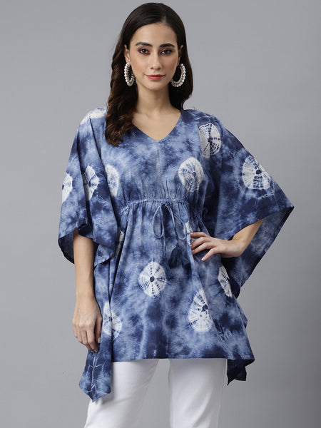 Janasya Women's Navy Blue Cotton Tie dye Kaftan Kaftan Tunic - Distacart