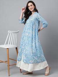 Thumbnail for Janasya Women's Sky Blue Cotton Floral Printed Casual Flared Kurta - Distacart