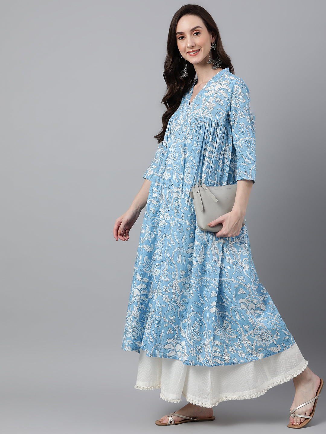 Janasya Women's Sky Blue Cotton Floral Printed Casual Flared Kurta - Distacart