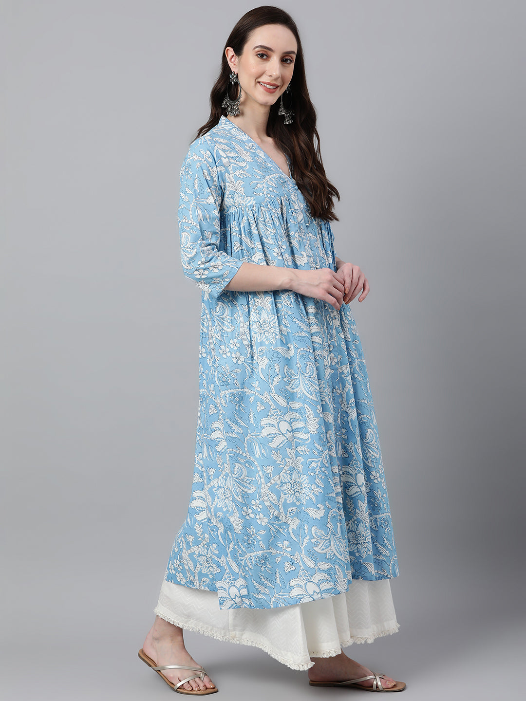 Janasya Women's Sky Blue Cotton Floral Printed Casual Flared Kurta - Distacart