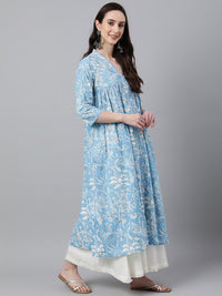 Thumbnail for Janasya Women's Sky Blue Cotton Floral Printed Casual Flared Kurta - Distacart
