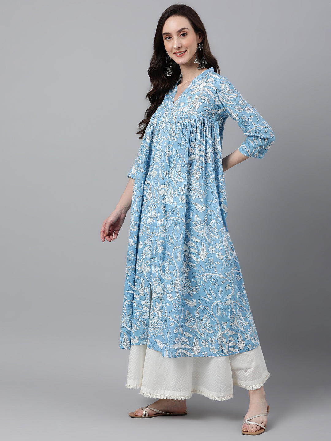 Janasya Women's Sky Blue Cotton Floral Printed Casual Flared Kurta - Distacart