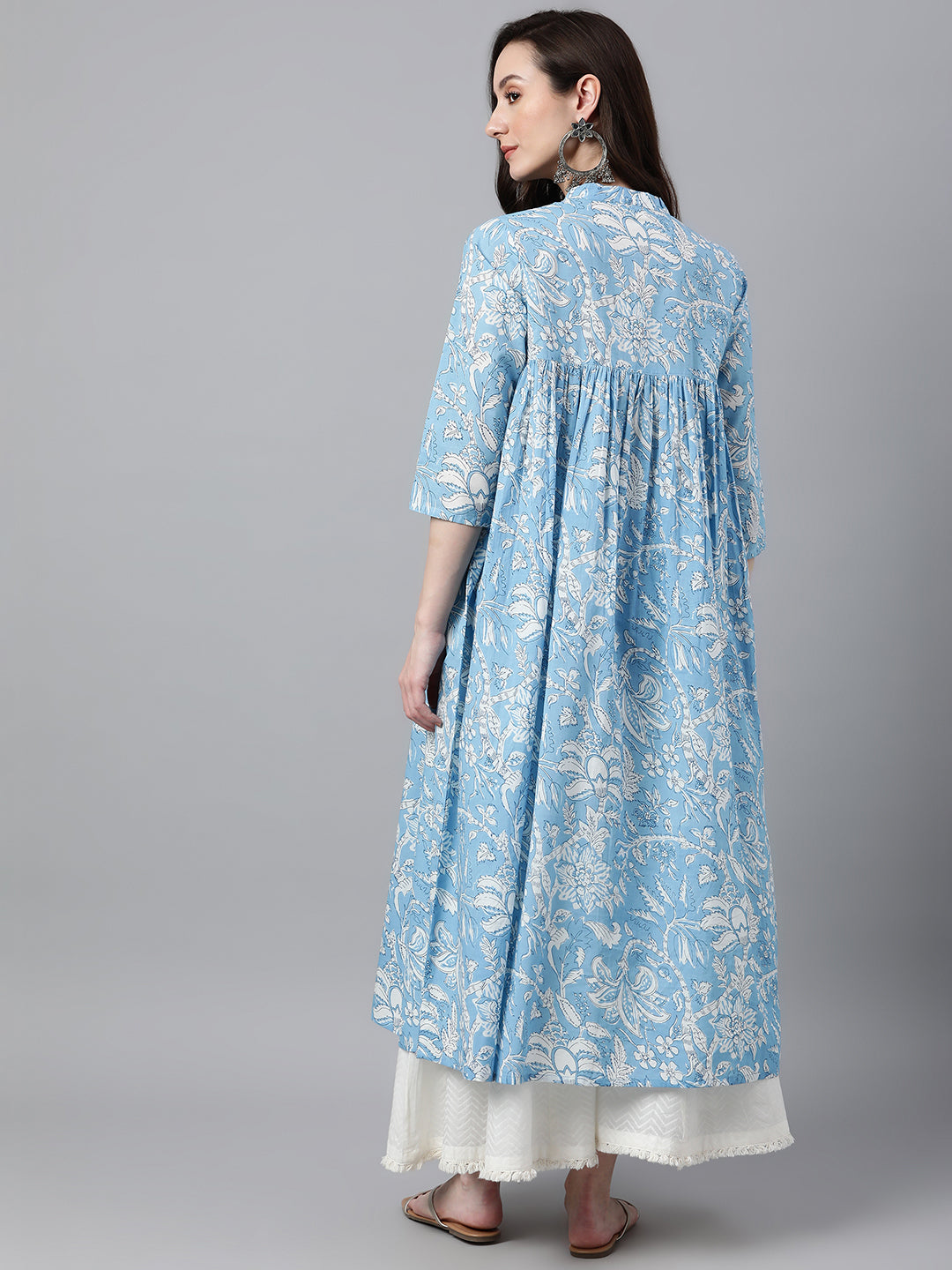 Janasya Women's Sky Blue Cotton Floral Printed Casual Flared Kurta - Distacart