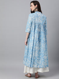 Thumbnail for Janasya Women's Sky Blue Cotton Floral Printed Casual Flared Kurta - Distacart
