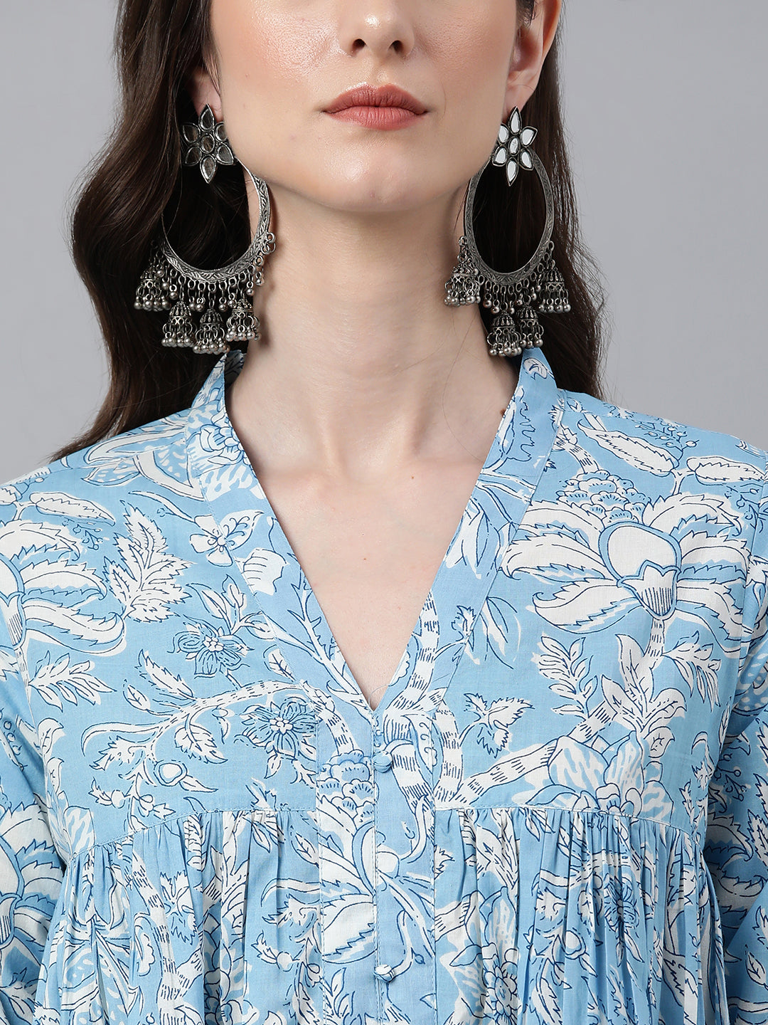 Janasya Women's Sky Blue Cotton Floral Printed Casual Flared Kurta - Distacart