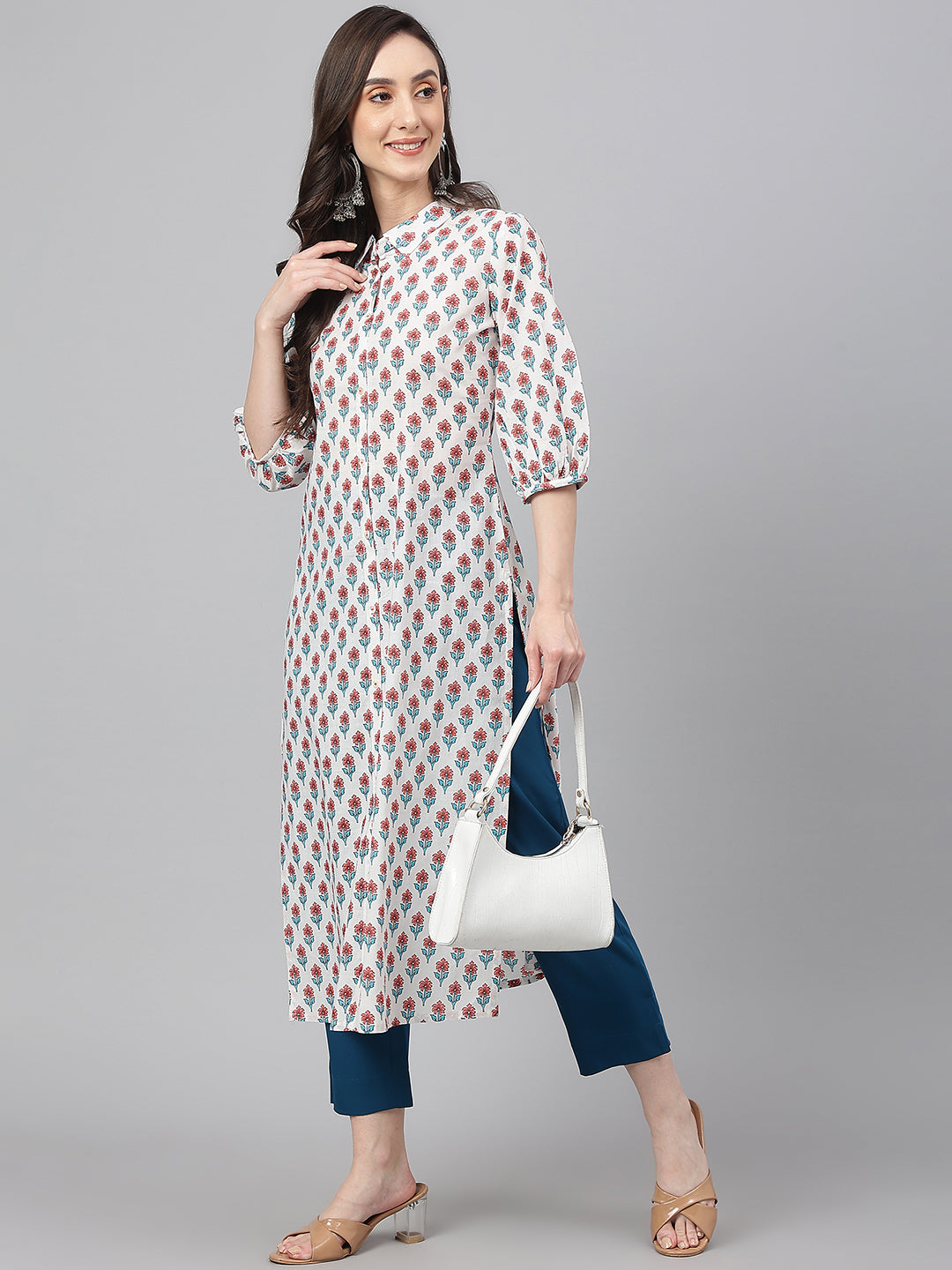 Janasya Women's White Cotton Floral Printed Casual Straight Kurta - Distacart