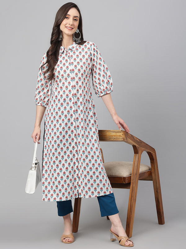 Janasya Women's White Cotton Floral Printed Casual Straight Kurta - Distacart
