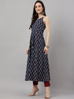 Thumbnail for Janasya Women's Navy Blue Cotton Botanical Printed Casual Anarkali Kurta - Distacart