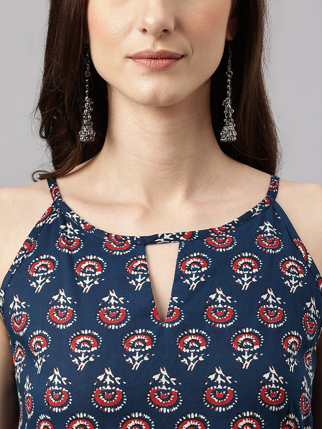 Janasya Women's Navy Blue Cotton Botanical Printed Casual Anarkali Kurta - Distacart