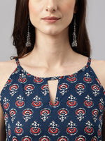 Thumbnail for Janasya Women's Navy Blue Cotton Botanical Printed Casual Anarkali Kurta - Distacart