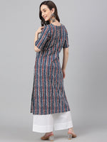 Thumbnail for Janasya Women's Navy Blue Cotton Geometric Printed Casual Straight Kurta - Distacart