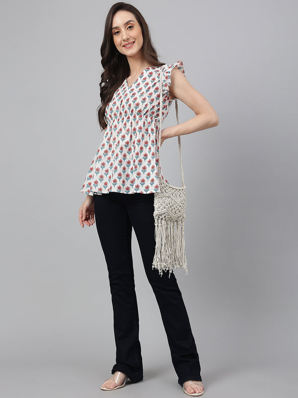 Janasya Women's White Cotton Floral Print Flared Top - Distacart
