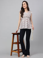 Thumbnail for Janasya Women's White Cotton Floral Print Flared Top - Distacart