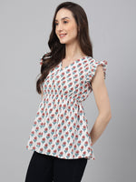 Thumbnail for Janasya Women's White Cotton Floral Print Flared Top - Distacart