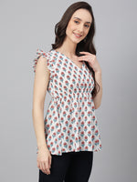 Thumbnail for Janasya Women's White Cotton Floral Print Flared Top - Distacart
