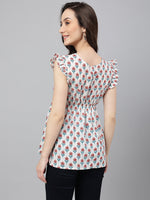 Thumbnail for Janasya Women's White Cotton Floral Print Flared Top - Distacart
