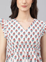 Thumbnail for Janasya Women's White Cotton Floral Print Flared Top - Distacart