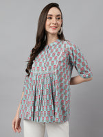 Thumbnail for Janasya Women's Aqua Blue Cotton Floral Print A-Line Top - Distacart