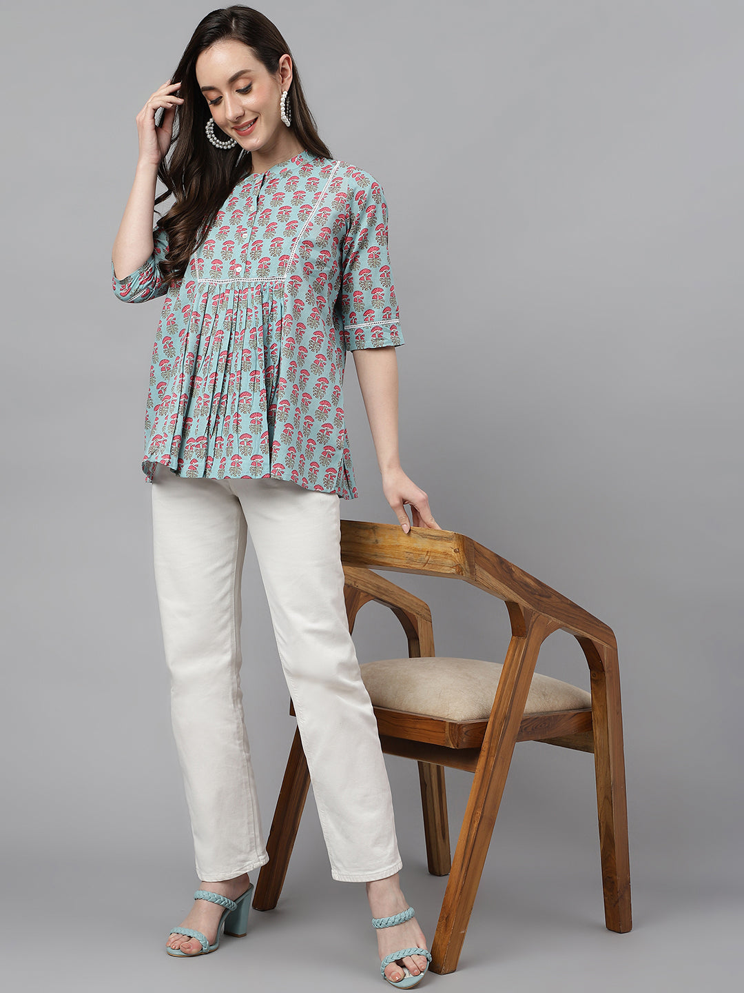 Janasya Women's Aqua Blue Cotton Floral Print A-Line Top - Distacart