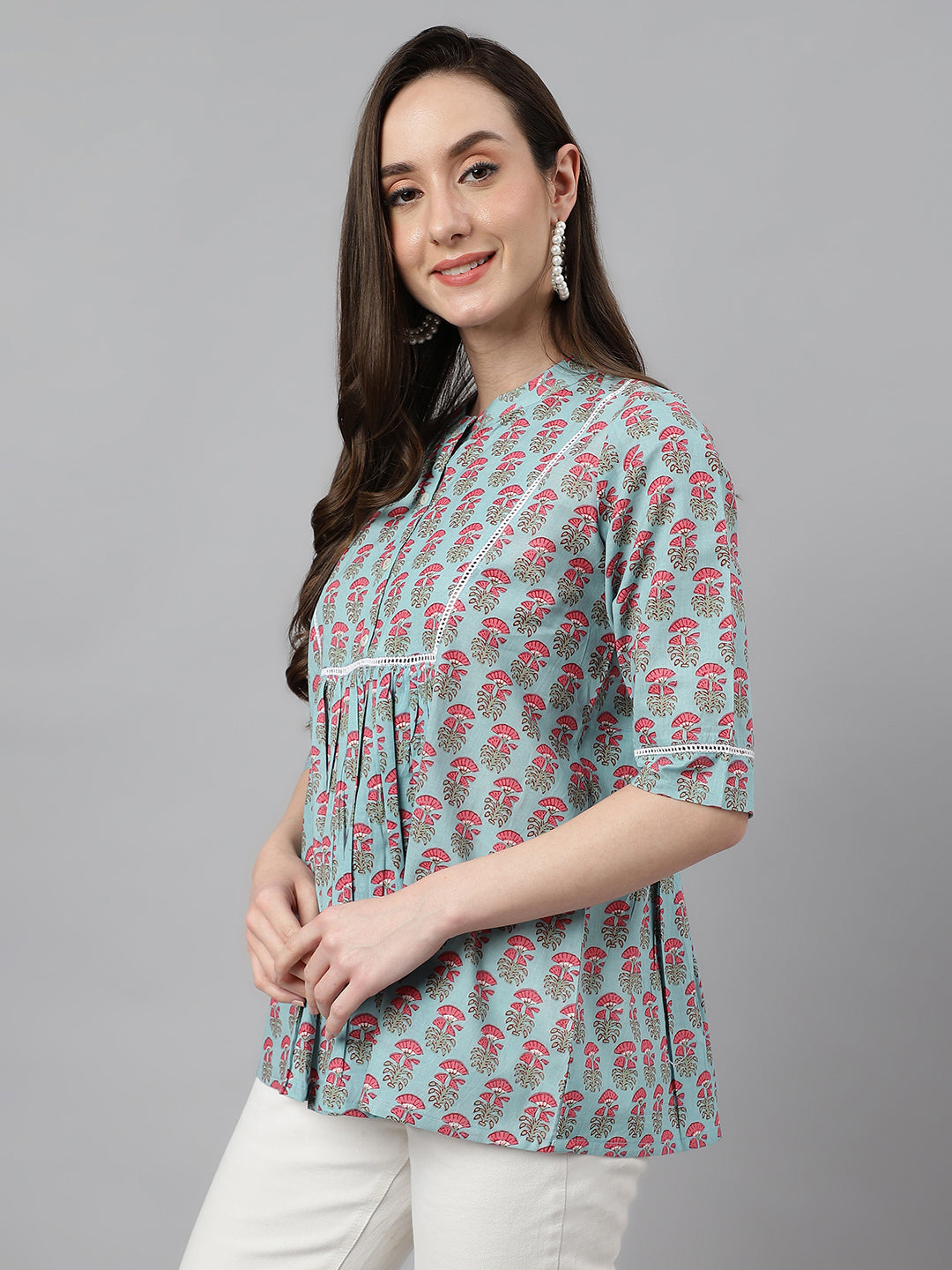 Janasya Women's Aqua Blue Cotton Floral Print A-Line Top - Distacart
