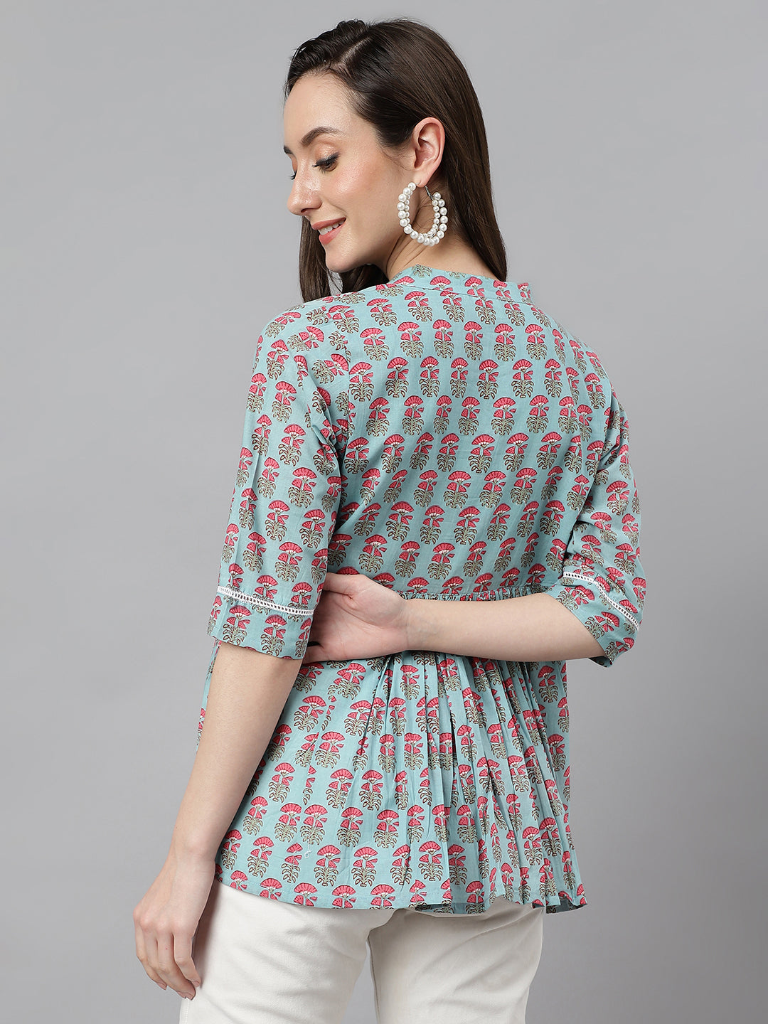 Janasya Women's Aqua Blue Cotton Floral Print A-Line Top - Distacart
