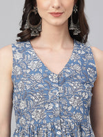 Thumbnail for Janasya Women's Blue Cotton Floral Printed Casual Flared Kurta - Distacart