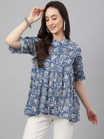 Thumbnail for Janasya Women's Blue Cotton Floral Print Flared Top - Distacart