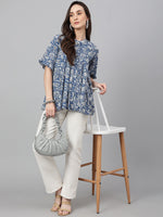 Thumbnail for Janasya Women's Blue Cotton Floral Print Flared Top - Distacart