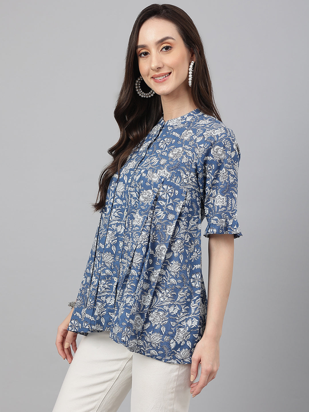 Janasya Women's Blue Cotton Floral Print Flared Top - Distacart