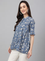 Thumbnail for Janasya Women's Blue Cotton Floral Print Flared Top - Distacart