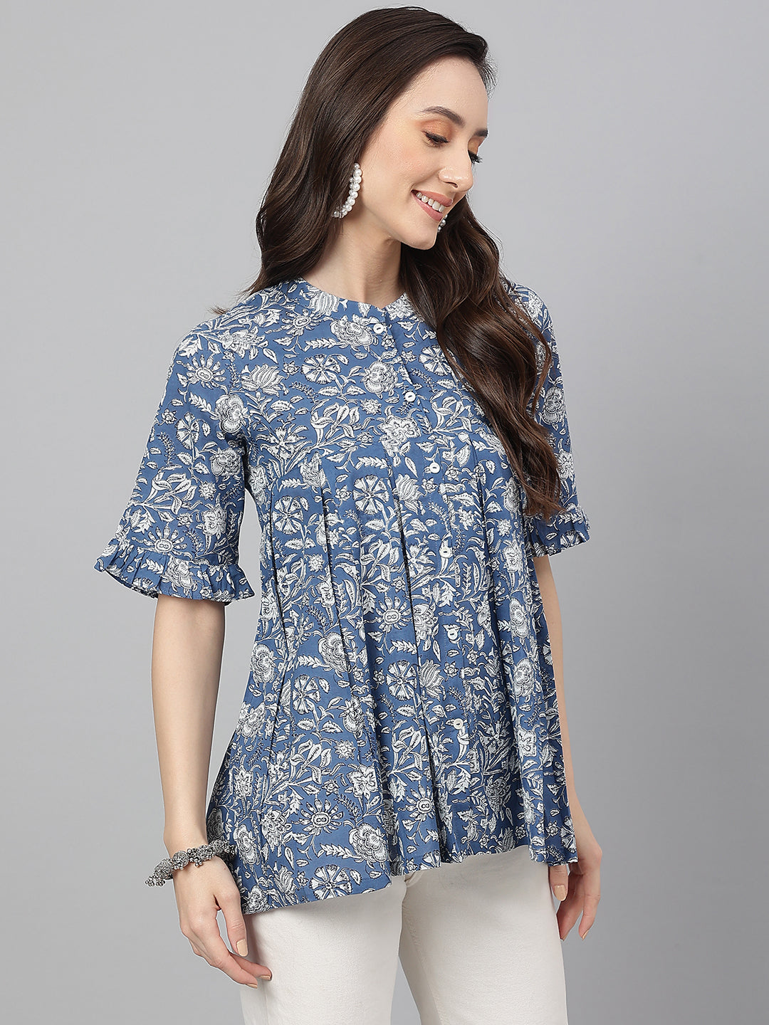 Janasya Women's Blue Cotton Floral Print Flared Top - Distacart