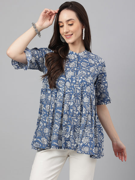 Janasya Women's Blue Cotton Floral Print Flared Top - Distacart