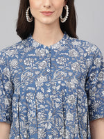 Thumbnail for Janasya Women's Blue Cotton Floral Print Flared Top - Distacart