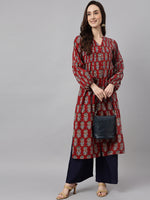 Thumbnail for Janasya Women's Maroon Cotton Floral Printed Casual Flared Kurta - Distacart