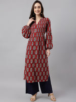 Thumbnail for Janasya Women's Maroon Cotton Floral Printed Casual Flared Kurta - Distacart