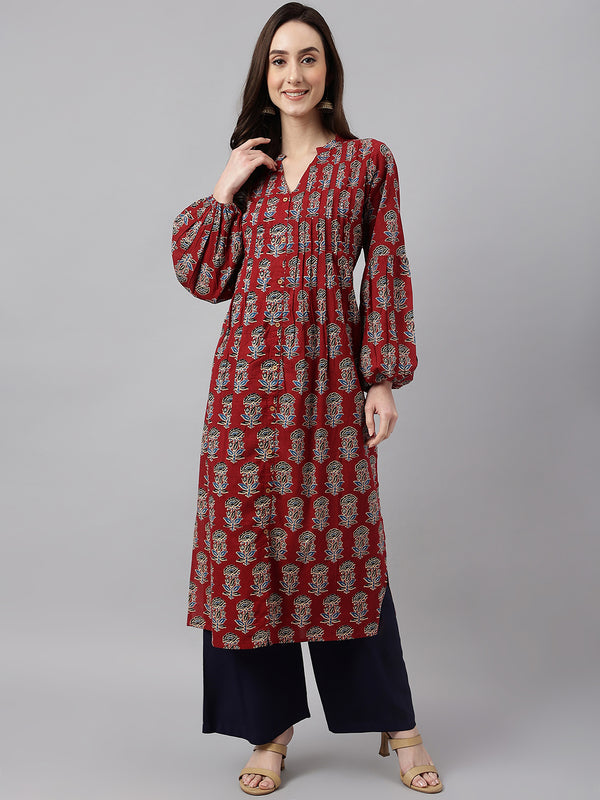 Janasya Women's Maroon Cotton Floral Printed Casual Flared Kurta - Distacart
