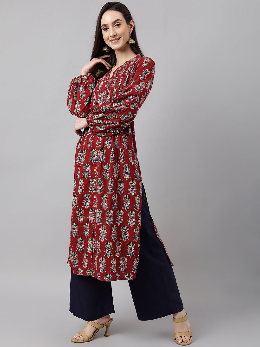 Janasya Women's Maroon Cotton Floral Printed Casual Flared Kurta - Distacart