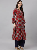 Thumbnail for Janasya Women's Maroon Cotton Floral Printed Casual Flared Kurta - Distacart