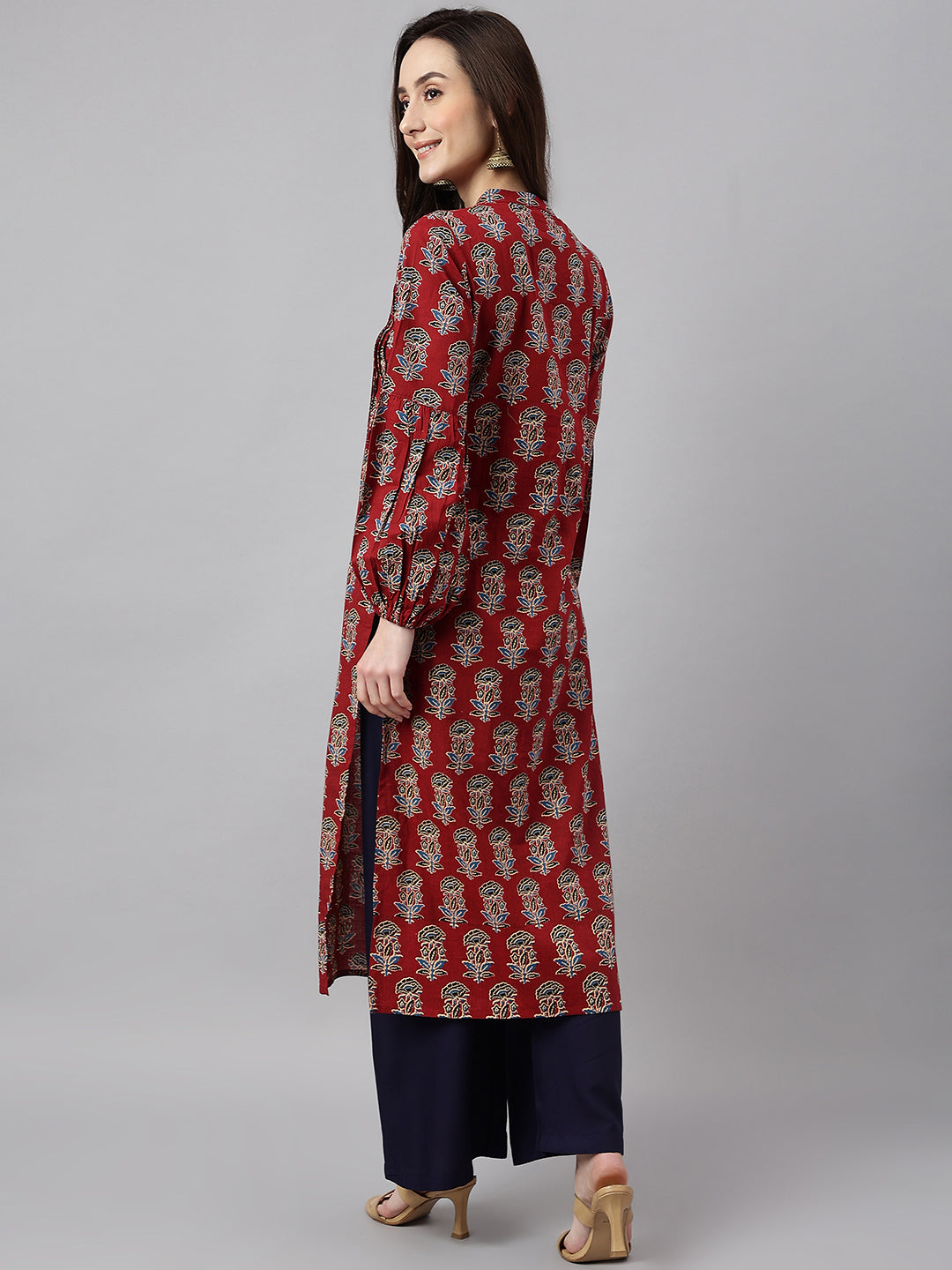 Janasya Women's Maroon Cotton Floral Printed Casual Flared Kurta - Distacart